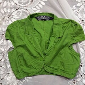 Y2K Bolero Last Kiss Green Cropped Short Sleeve Blazer Cotton Button XL